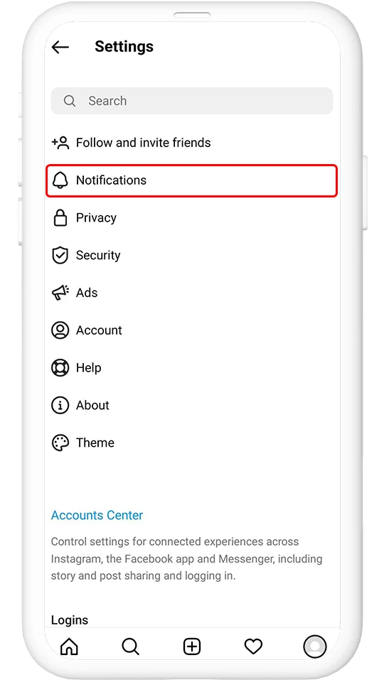 انتخاب گزینه notification در تنظیمات اینستاگرام