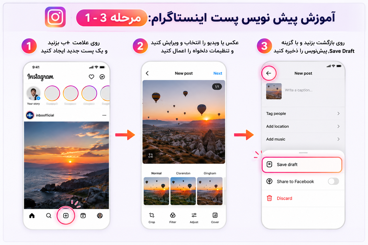 پیش نویس پست اینستاگرام مرحله 1 تا 3