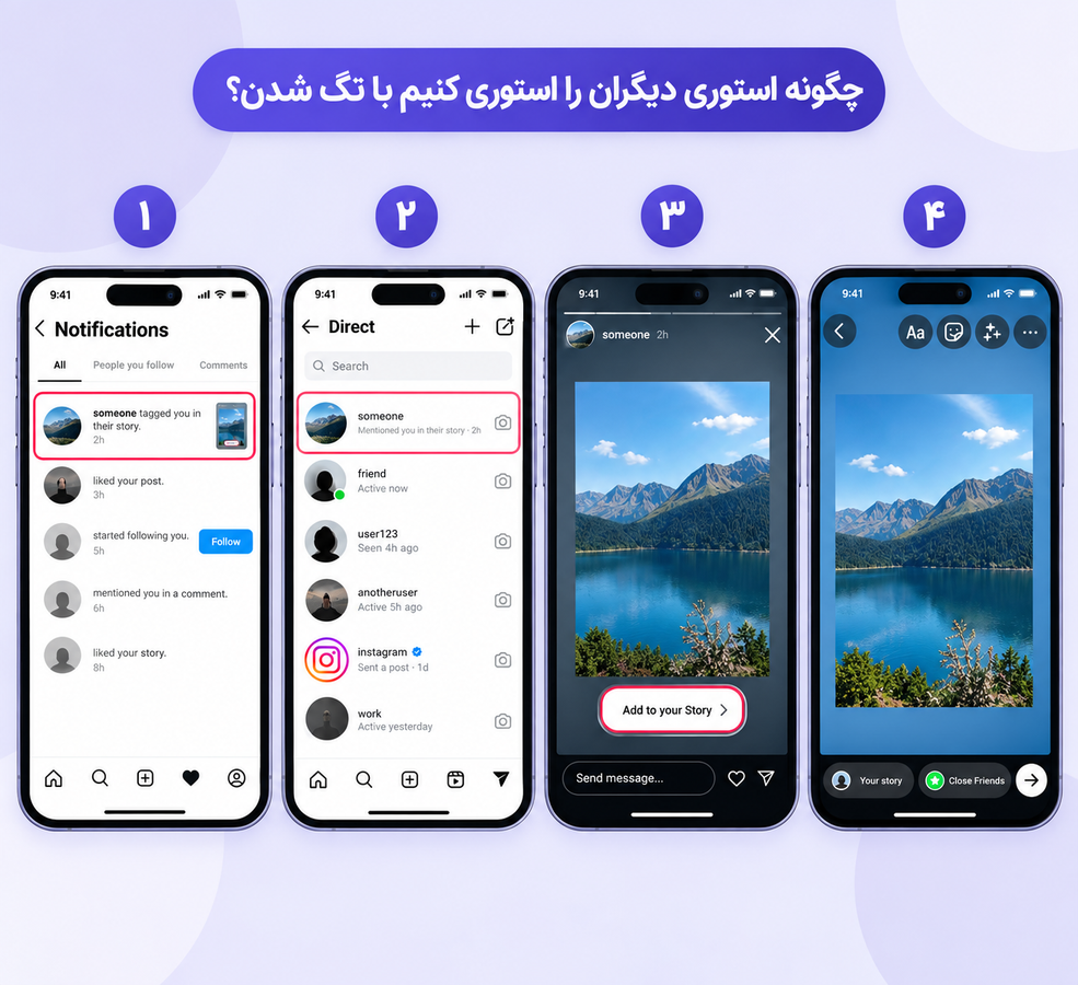 چگونه استوری دیگران را استوری کنیم با تگ شدن؟